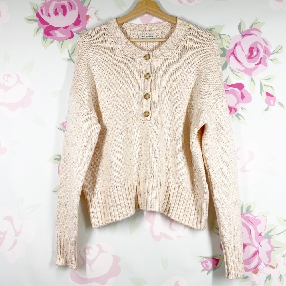 American Eagle Outfitters AEO Chunky Knit Button Pullover Cotton Blend Sweater S